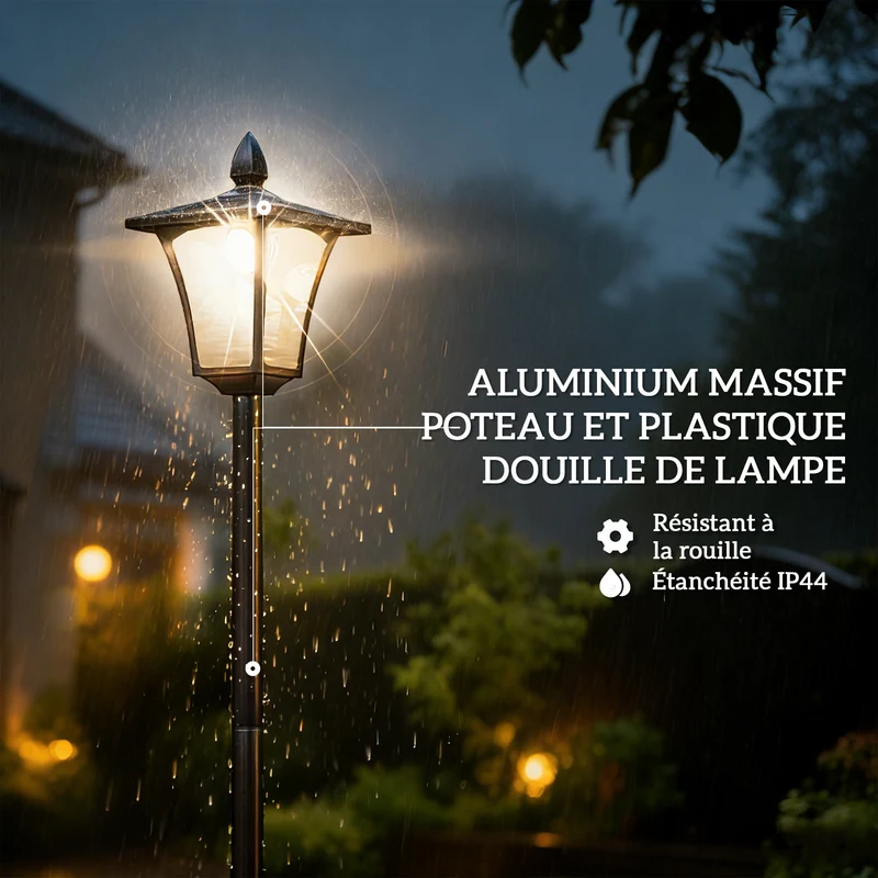 Lampadaire solaire jardin avec jardinière 33 x 33 x 160 cm éclairage automatique stable étanche vintage en aluminium noir 21_0006997