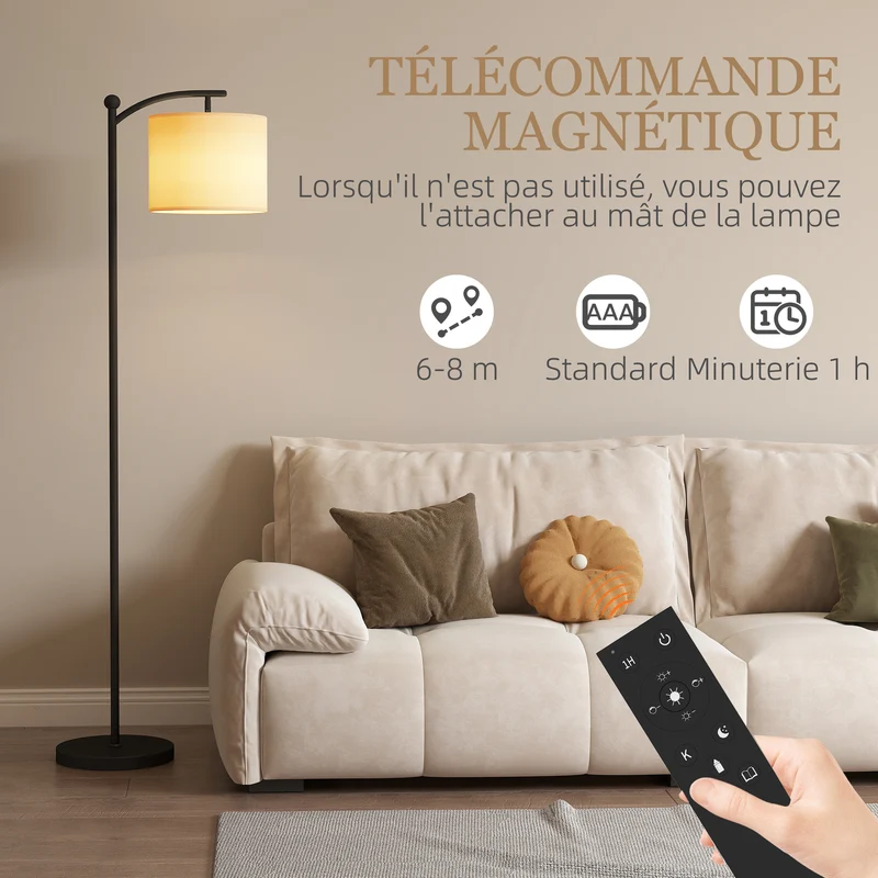 Lampadaire salon 54,3 x 30,6 x 159,6 cm télécommande magnétique minuterie 60 minutes contemporain épuré en métal noir 21_0007048