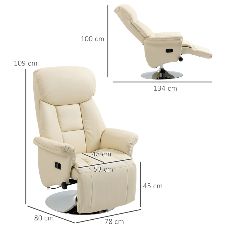 Fauteuil relaxation pivotant salon 78 x 80 x 109 cm inclinable 130° repose-pied moderne design en polyuréthane crème 21_0003149