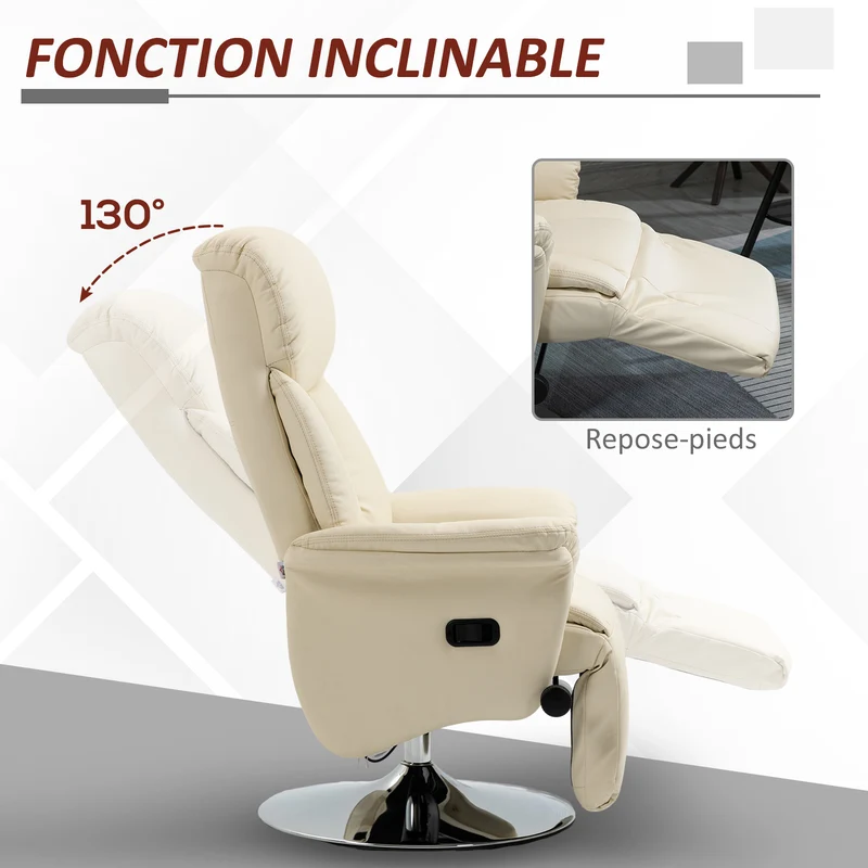 Fauteuil relaxation pivotant salon 78 x 80 x 109 cm inclinable 130° repose-pied moderne design en polyuréthane crème 21_0003149
