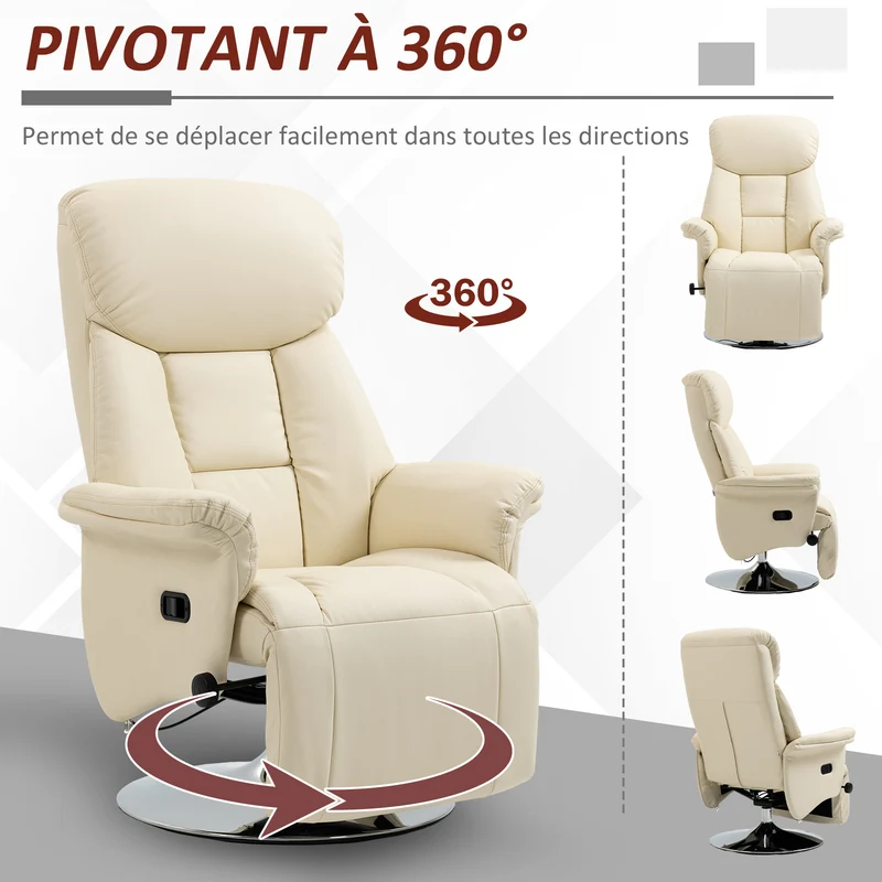 Fauteuil relaxation pivotant salon 78 x 80 x 109 cm inclinable 130° repose-pied moderne design en polyuréthane crème 21_0003149