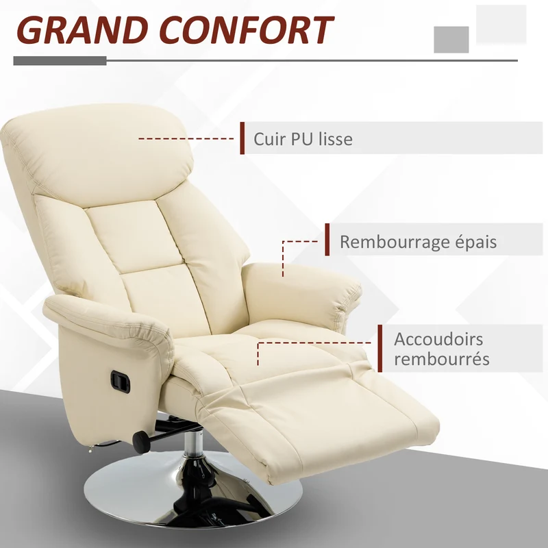 Fauteuil relaxation pivotant salon 78 x 80 x 109 cm inclinable 130° repose-pied moderne design en polyuréthane crème 21_0003149