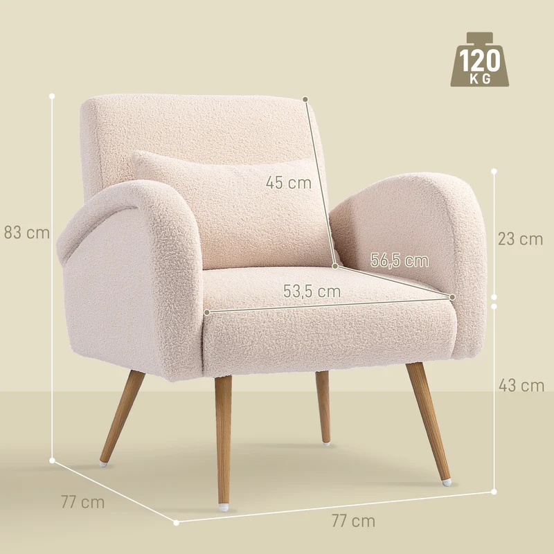 Fauteuil de salon large 77 x 77 x 83 cm assise rembourrée coussin lombaire amovible doux design en tissu peluche beige 21_0003553
