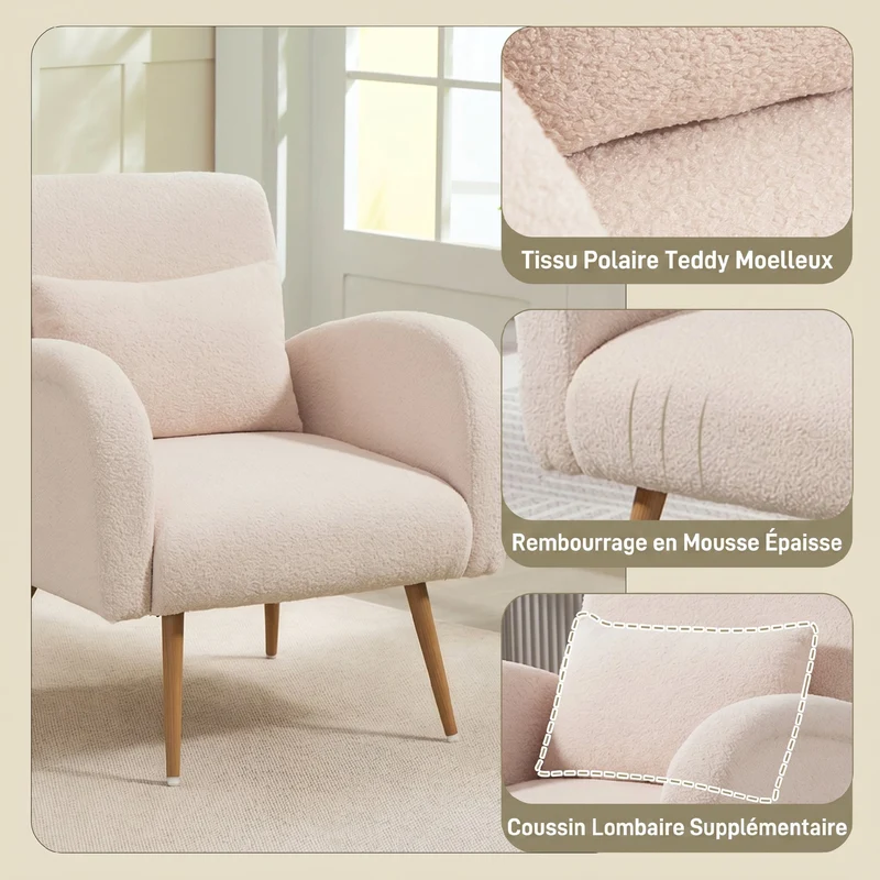 Fauteuil de salon large 77 x 77 x 83 cm assise rembourrée coussin lombaire amovible doux design en tissu peluche beige 21_0003553