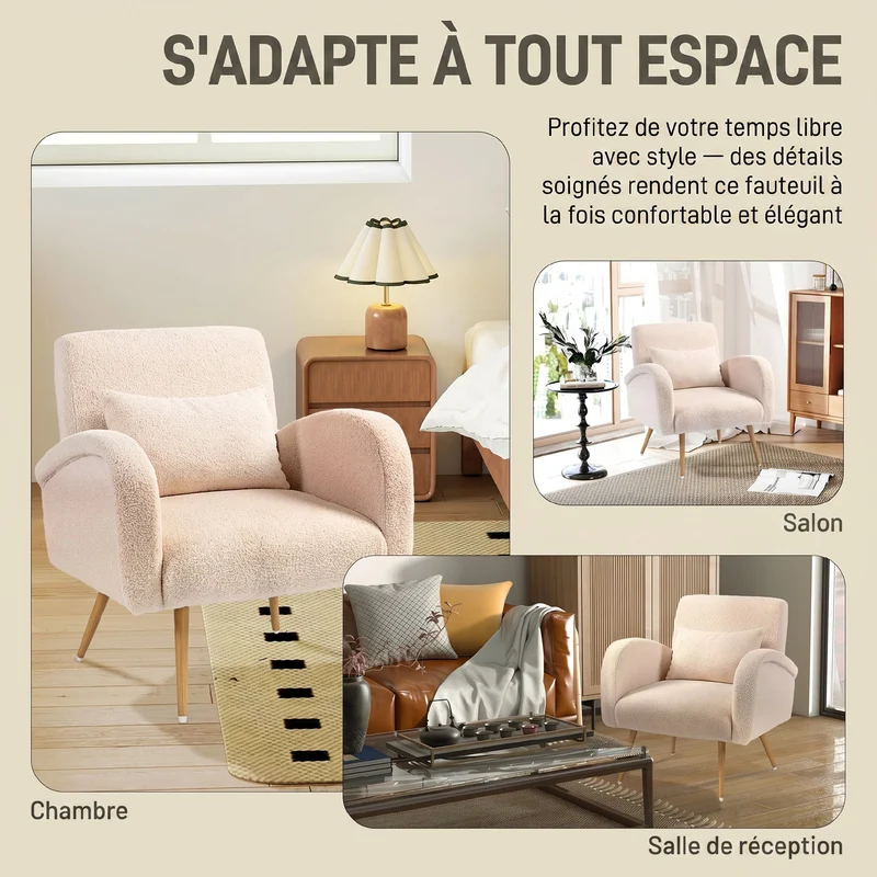 Fauteuil de salon large 77 x 77 x 83 cm assise rembourrée coussin lombaire amovible doux design en tissu peluche beige 21_0003553
