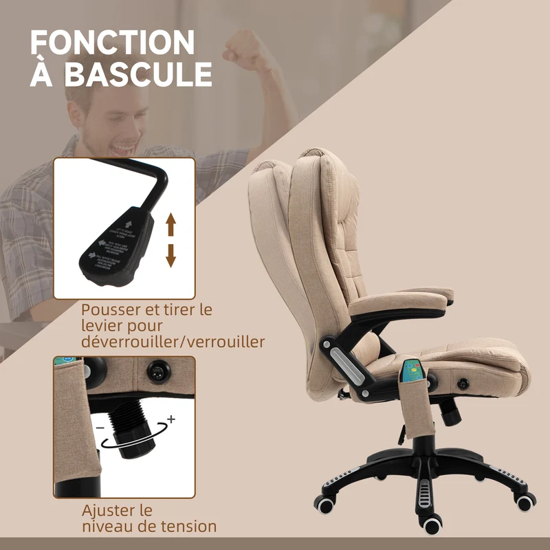 Fauteuil de bureau massant chauffant 67 x 74 x 116 cm réglable dossier inclinable moderne design en polyester marron 21_0006152