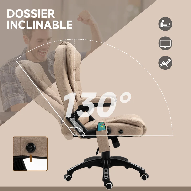 Fauteuil de bureau massant chauffant 67 x 74 x 116 cm réglable dossier inclinable moderne design en polyester marron 21_0006152