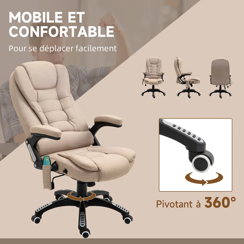Fauteuil de bureau massant chauffant 67 x 74 x 116 cm réglable dossier inclinable moderne design en polyester marron 21_0006152