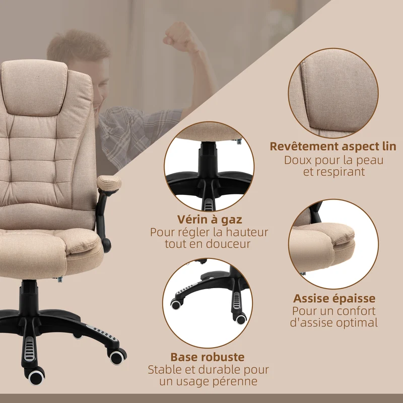 Fauteuil de bureau massant chauffant 67 x 74 x 116 cm réglable dossier inclinable moderne design en polyester marron 21_0006152