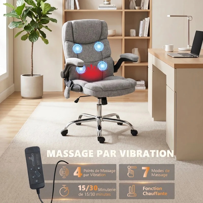 Fauteuil de bureau ergonomique massant 71 x 66 x 104-112 cm massage et chaleur lombaire design moderne en tissu gris 21_0006303