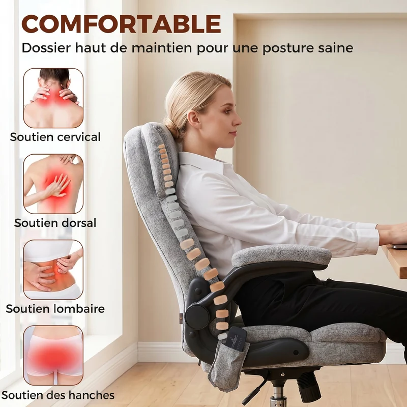 Fauteuil de bureau ergonomique massant 71 x 66 x 104-112 cm massage et chaleur lombaire design moderne en tissu gris 21_0006303