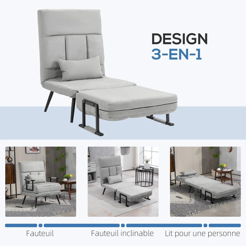 Fauteuil convertible lit simple 71 x 71 x 97 cm dossier 5 positions assise rembourrée contemporain en polyester gris 21_0003179