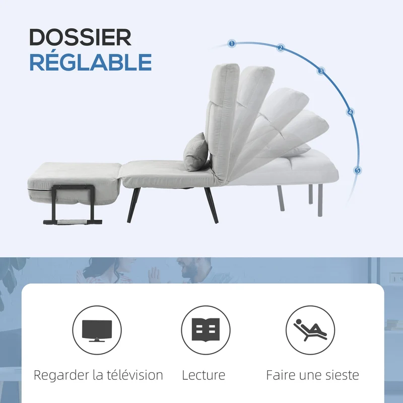 Fauteuil convertible lit simple 71 x 71 x 97 cm dossier 5 positions assise rembourrée contemporain en polyester gris 21_0003179