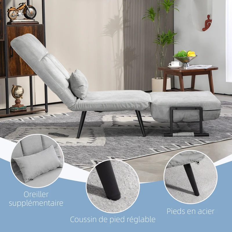 Fauteuil convertible lit simple 71 x 71 x 97 cm dossier 5 positions assise rembourrée contemporain en polyester gris 21_0003179