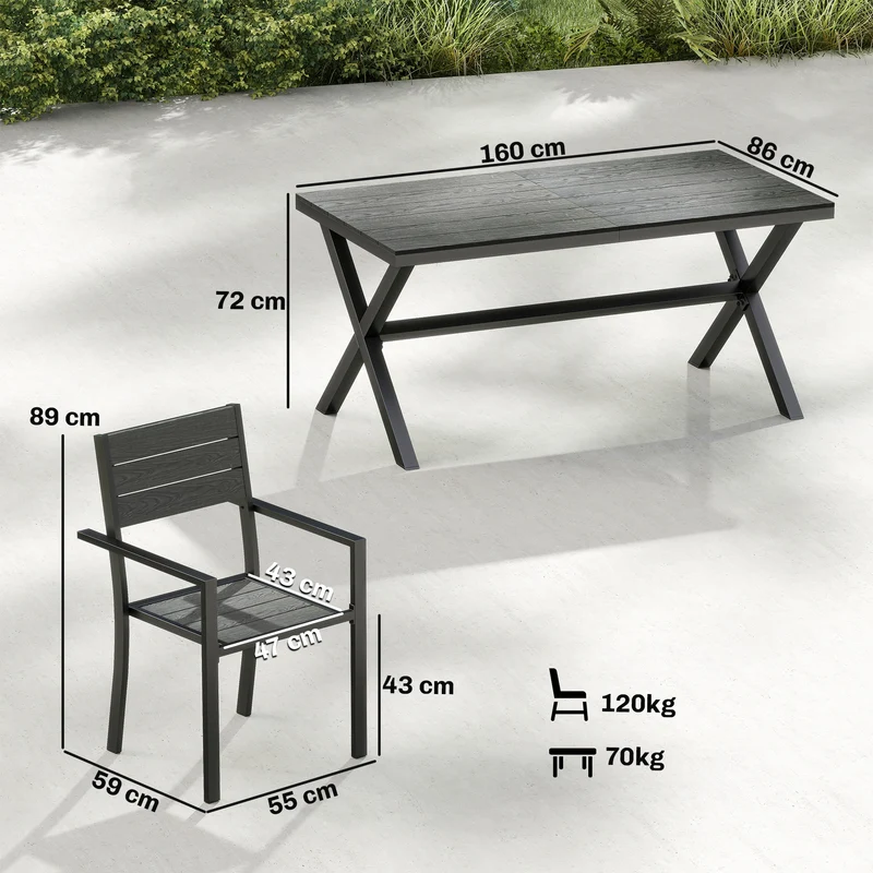 Ensemble repas extérieur 7 pièces pour 6 160 x 86 x 72 cm chaises empilables pieds réglables moderne en aluminium gris 21_0005378
