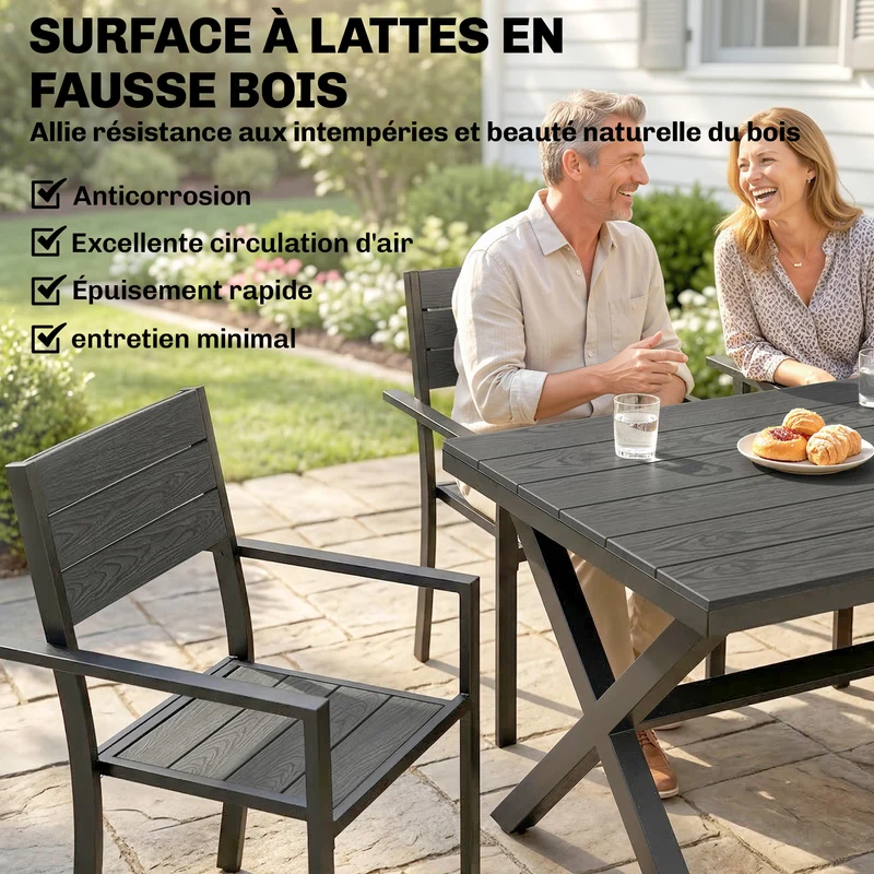Ensemble repas extérieur 7 pièces pour 6 160 x 86 x 72 cm chaises empilables pieds réglables moderne en aluminium gris 21_0005378