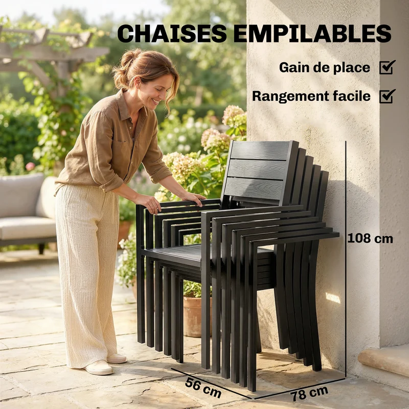 Ensemble repas extérieur 7 pièces pour 6 160 x 86 x 72 cm chaises empilables pieds réglables moderne en aluminium gris 21_0005378