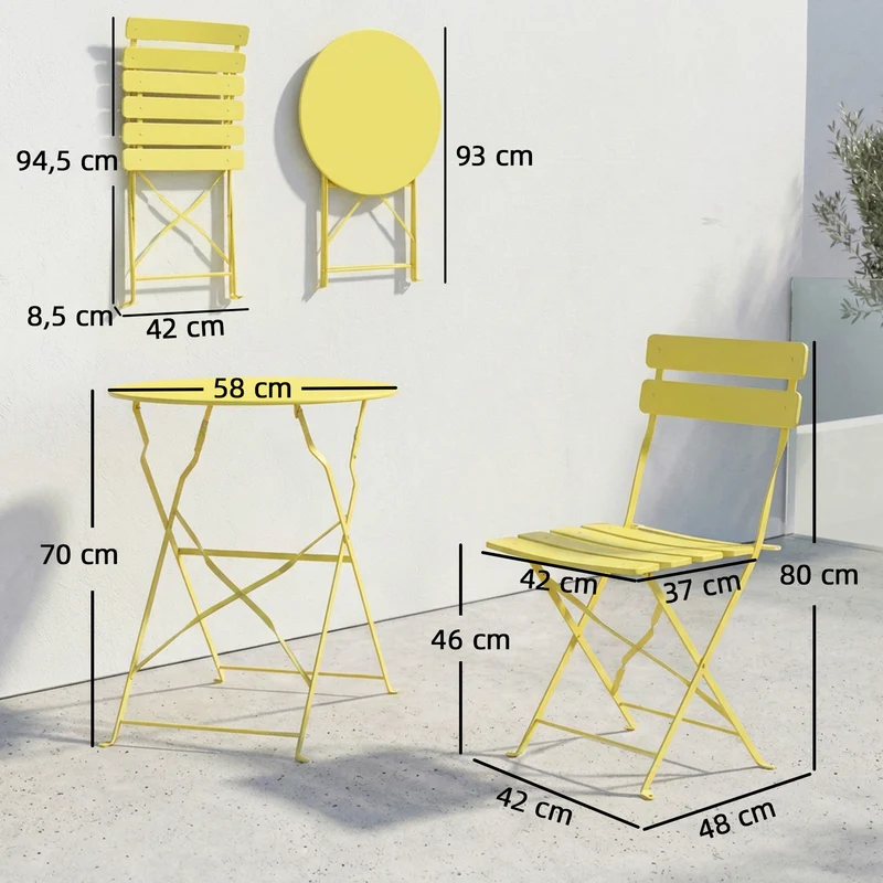 Ensemble bistrot 3 pièces pliant balcon 93 x 58 x 80 cm extérieur gain de place antirouille moderne épuré en métal jaune 21_0005759