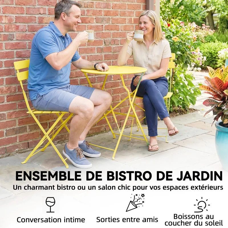 Ensemble bistrot 3 pièces pliant balcon 93 x 58 x 80 cm extérieur gain de place antirouille moderne épuré en métal jaune 21_0005759