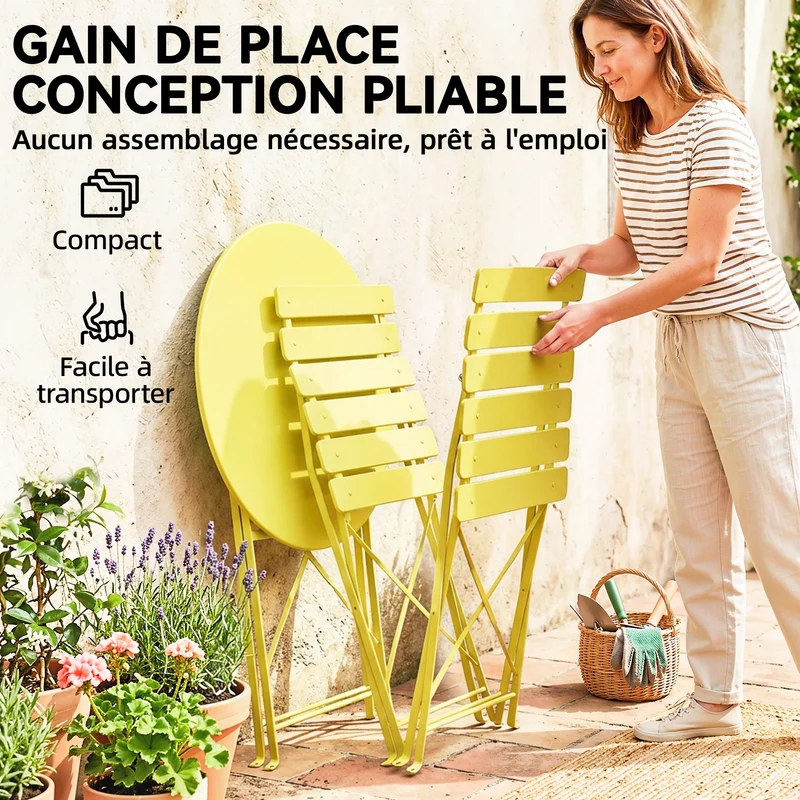 Ensemble bistrot 3 pièces pliant balcon 93 x 58 x 80 cm extérieur gain de place antirouille moderne épuré en métal jaune 21_0005759