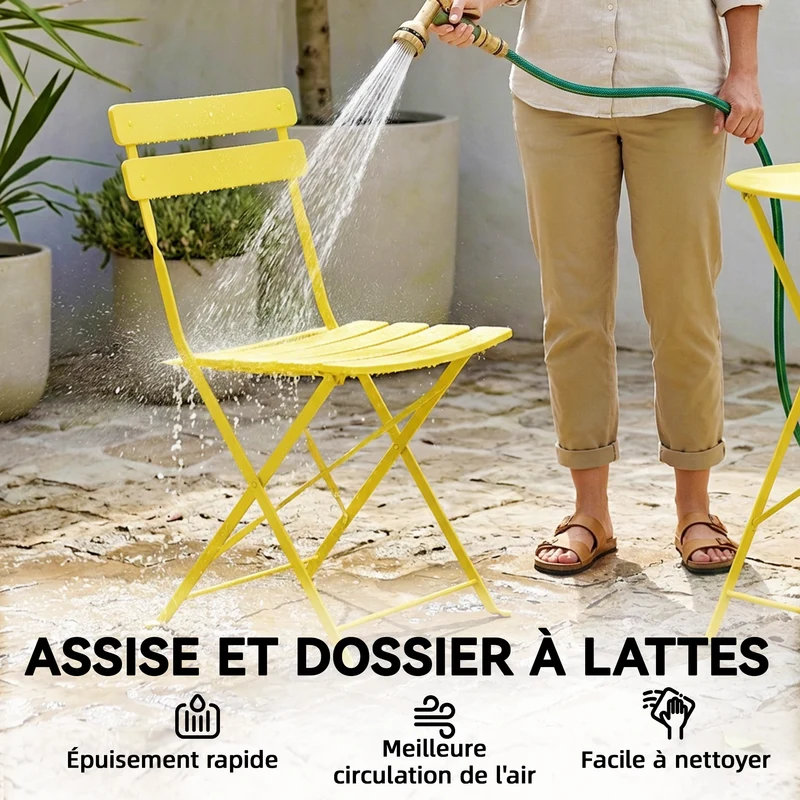 Ensemble bistrot 3 pièces pliant balcon 93 x 58 x 80 cm extérieur gain de place antirouille moderne épuré en métal jaune 21_0005759