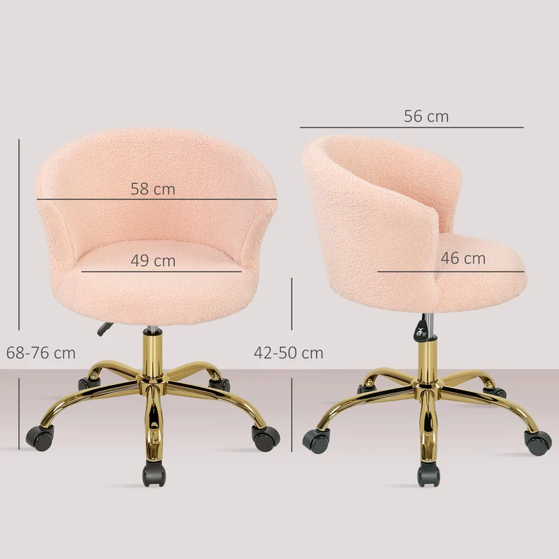 Chaise de bureau ergonomique réglable 58 x 56 x 68-76 cm assise rembourrée pivotante 360° moderne en polyester rose 21_0006253