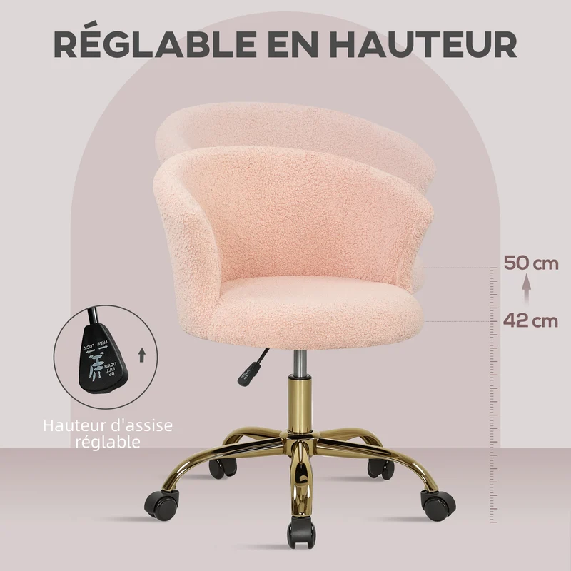 Chaise de bureau ergonomique réglable 58 x 56 x 68-76 cm assise rembourrée pivotante 360° moderne en polyester rose 21_0006253
