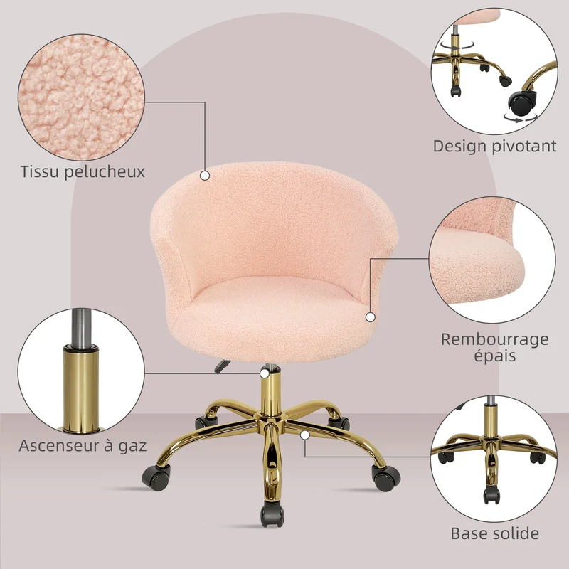 Chaise de bureau ergonomique réglable 58 x 56 x 68-76 cm assise rembourrée pivotante 360° moderne en polyester rose 21_0006253