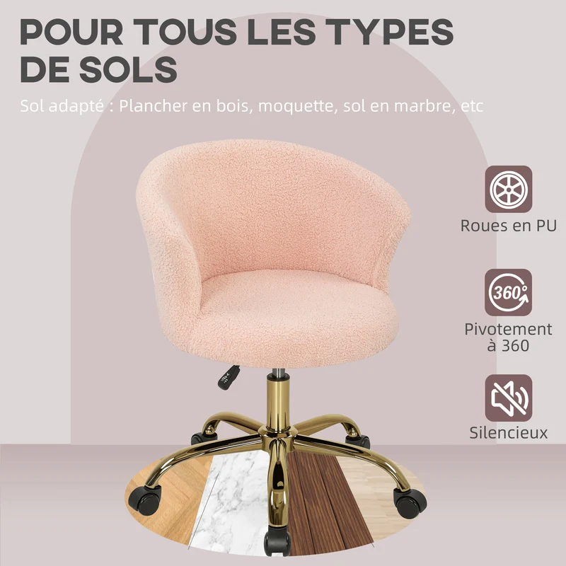 Chaise de bureau ergonomique réglable 58 x 56 x 68-76 cm assise rembourrée pivotante 360° moderne en polyester rose 21_0006253