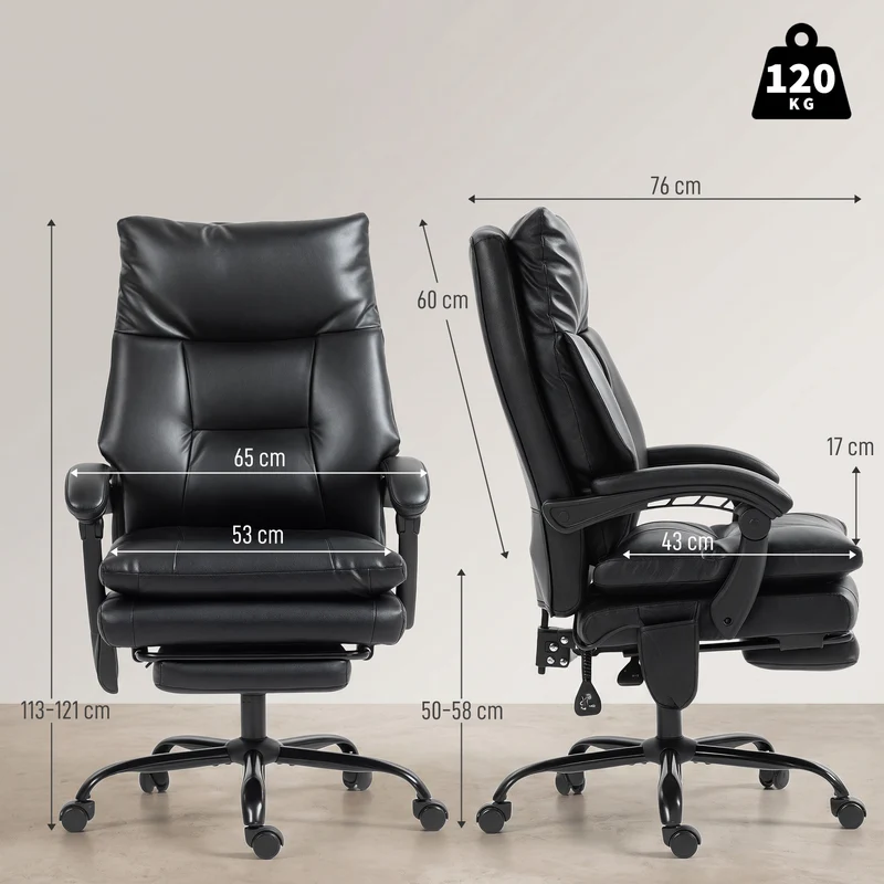 Chaise de bureau ergonomique 65 x 76 x 113 cm soutien lombaire gonflable inclinaison 135° design contemporain en PU noir 21_0006313