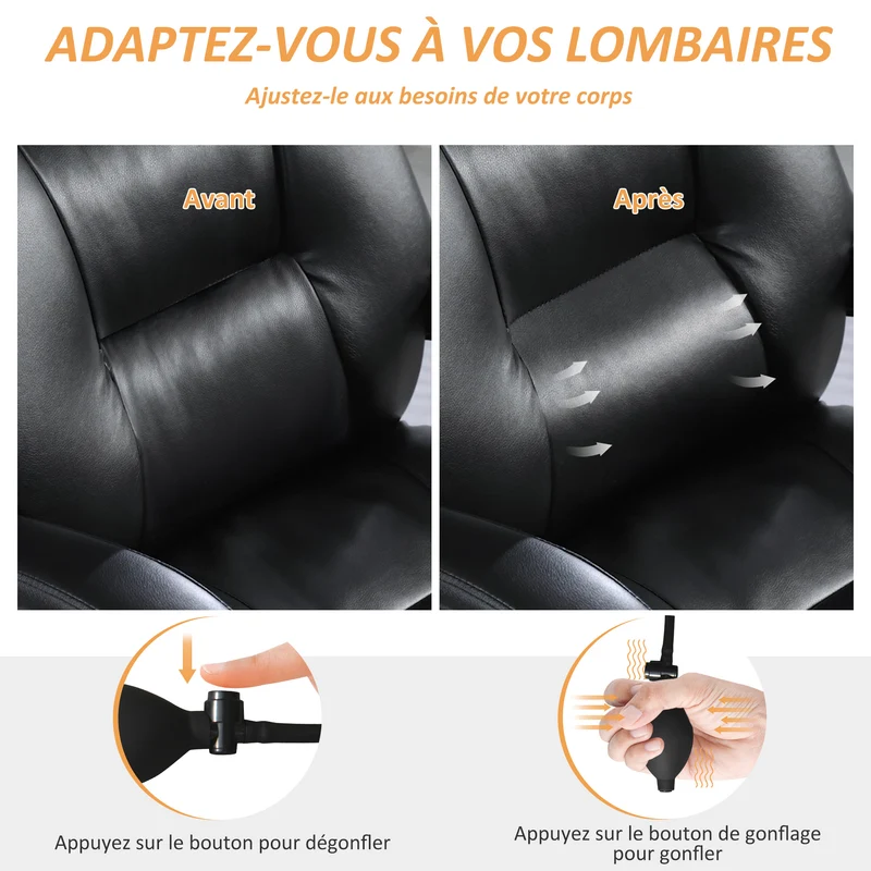 Chaise de bureau ergonomique 65 x 76 x 113 cm soutien lombaire gonflable inclinaison 135° design contemporain en PU noir 21_0006313