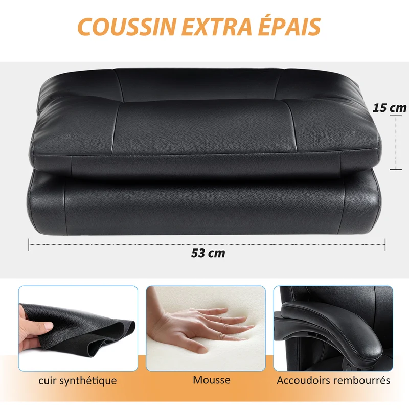 Chaise de bureau ergonomique 65 x 76 x 113 cm soutien lombaire gonflable inclinaison 135° design contemporain en PU noir 21_0006313