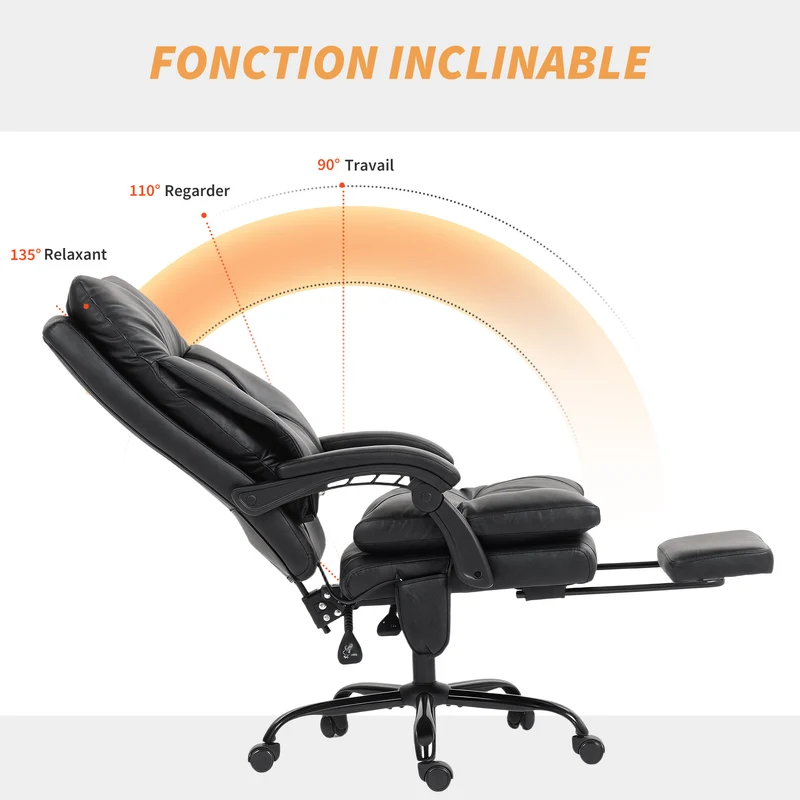 Chaise de bureau ergonomique 65 x 76 x 113 cm soutien lombaire gonflable inclinaison 135° design contemporain en PU noir 21_0006313