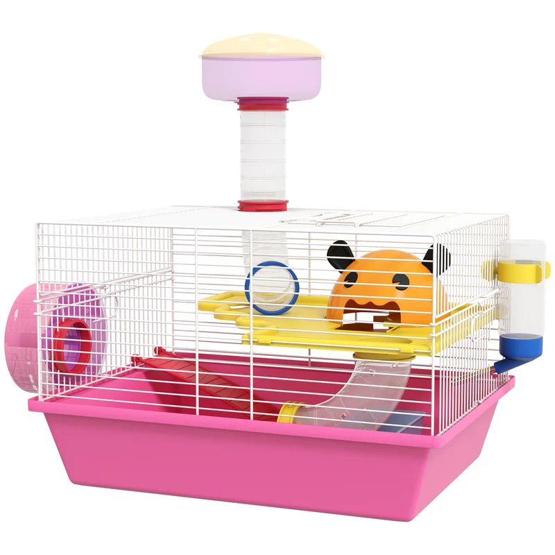 Cage pour petits rongeurs compacte 34 x 27 x 25 cm avec roue biberon maisonnette cosy style contemporain en acier rose 21_0007981