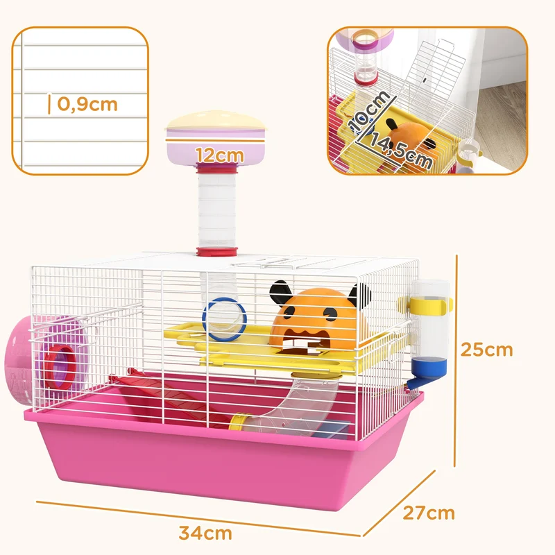 Cage pour petits rongeurs compacte 34 x 27 x 25 cm avec roue biberon maisonnette cosy style contemporain en acier rose 21_0007981