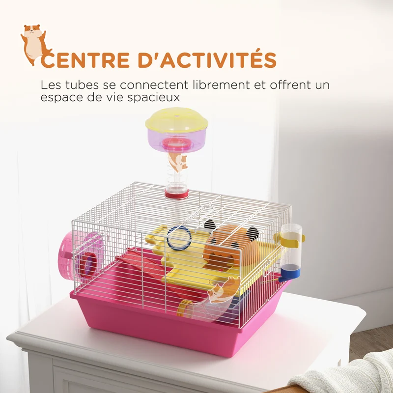 Cage pour petits rongeurs compacte 34 x 27 x 25 cm avec roue biberon maisonnette cosy style contemporain en acier rose 21_0007981