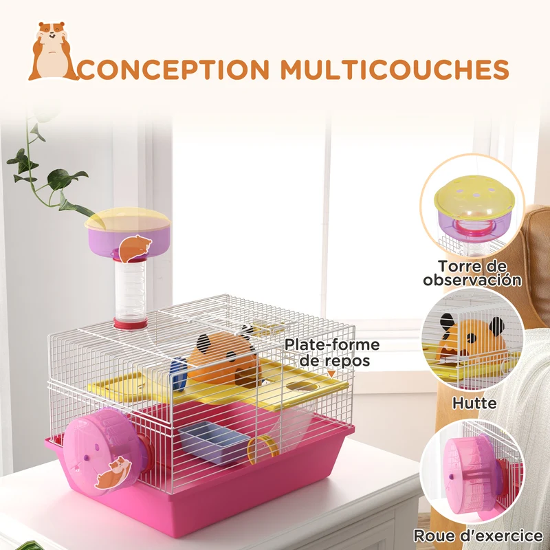 Cage pour petits rongeurs compacte 34 x 27 x 25 cm avec roue biberon maisonnette cosy style contemporain en acier rose 21_0007981