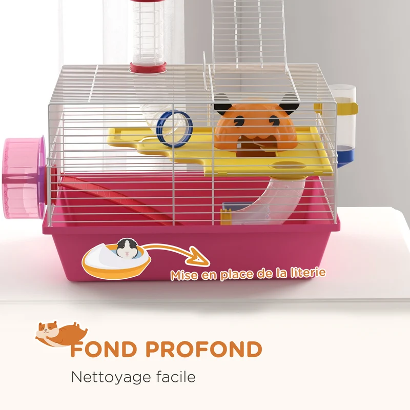 Cage pour petits rongeurs compacte 34 x 27 x 25 cm avec roue biberon maisonnette cosy style contemporain en acier rose 21_0007981