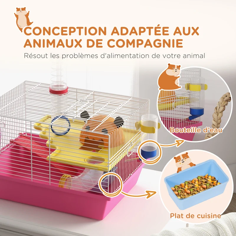 Cage pour petits rongeurs compacte 34 x 27 x 25 cm avec roue biberon maisonnette cosy style contemporain en acier rose 21_0007981