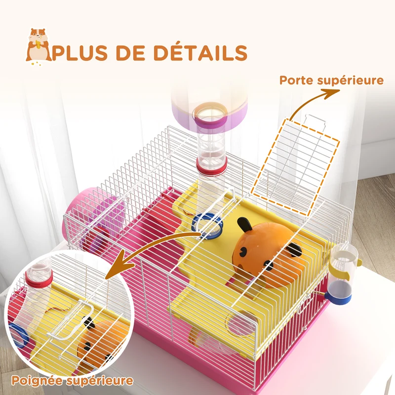 Cage pour petits rongeurs compacte 34 x 27 x 25 cm avec roue biberon maisonnette cosy style contemporain en acier rose 21_0007981