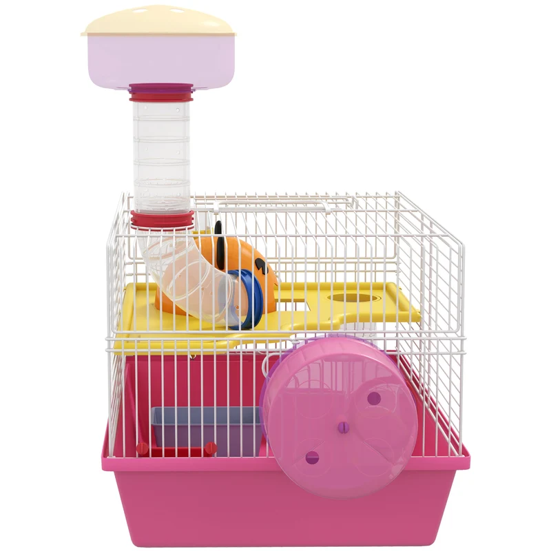 Cage pour petits rongeurs compacte 34 x 27 x 25 cm avec roue biberon maisonnette cosy style contemporain en acier rose 21_0007981