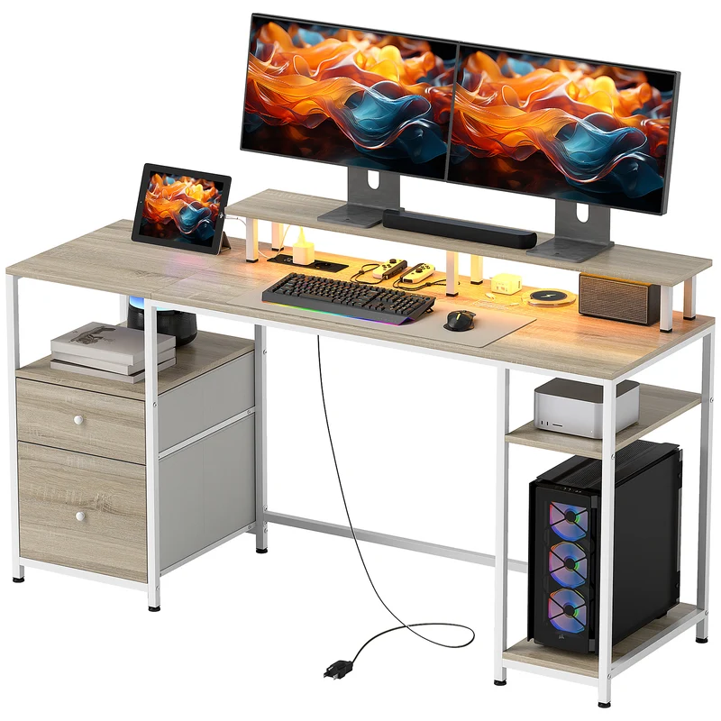 Bureau d'ordinateur 155,5 x 48 x 88,5 cm éclairage led réglable rangement moderne en panneau de particules bois naturel 21_0006131