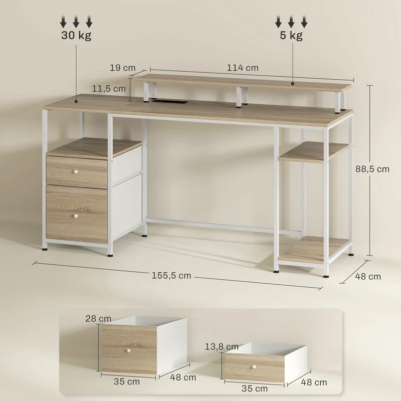 Bureau d'ordinateur 155,5 x 48 x 88,5 cm éclairage led réglable rangement moderne en panneau de particules bois naturel 21_0006131