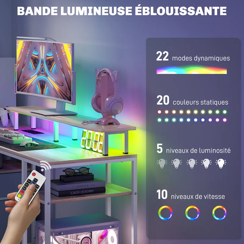 Bureau d'ordinateur 155,5 x 48 x 88,5 cm éclairage led réglable rangement moderne en panneau de particules bois naturel 21_0006131