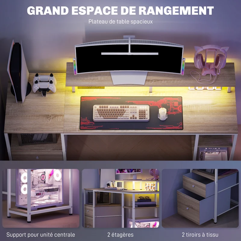 Bureau d'ordinateur 155,5 x 48 x 88,5 cm éclairage led réglable rangement moderne en panneau de particules bois naturel 21_0006131