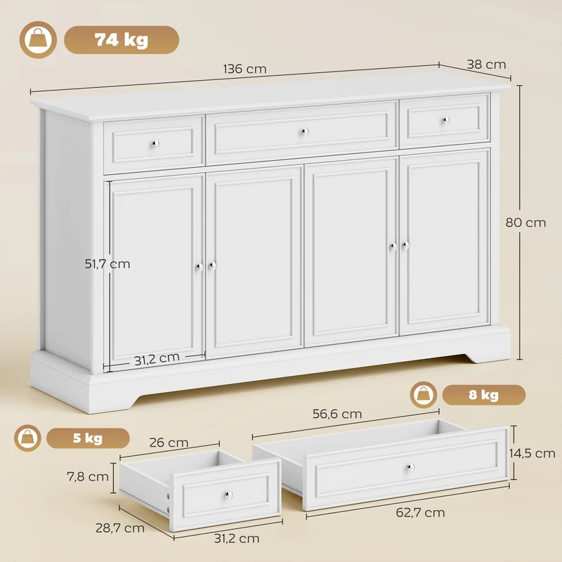 Buffet salon 136 x 38 x 80 cm 3 tiroirs 4 portes fermeture douce étagères réglables contemporain polyvalent en MDF blanc 21_0003666