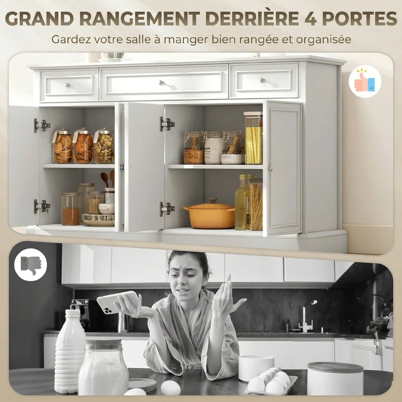 Buffet salon 136 x 38 x 80 cm 3 tiroirs 4 portes fermeture douce étagères réglables contemporain polyvalent en MDF blanc 21_0003666