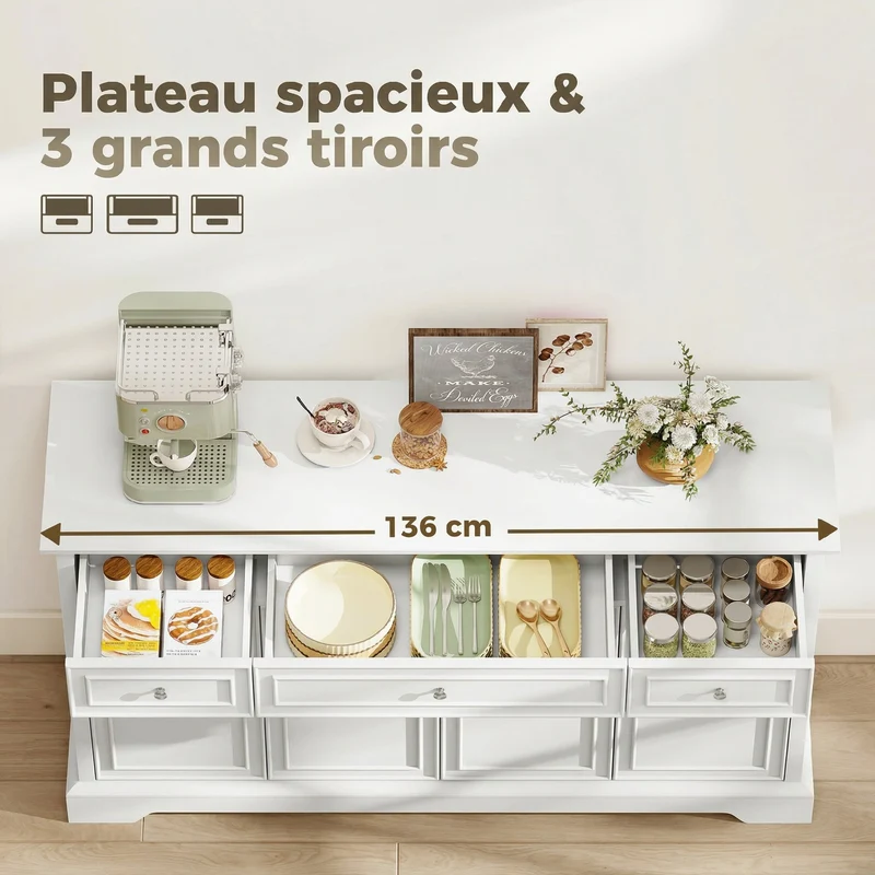 Buffet salon 136 x 38 x 80 cm 3 tiroirs 4 portes fermeture douce étagères réglables contemporain polyvalent en MDF blanc 21_0003666