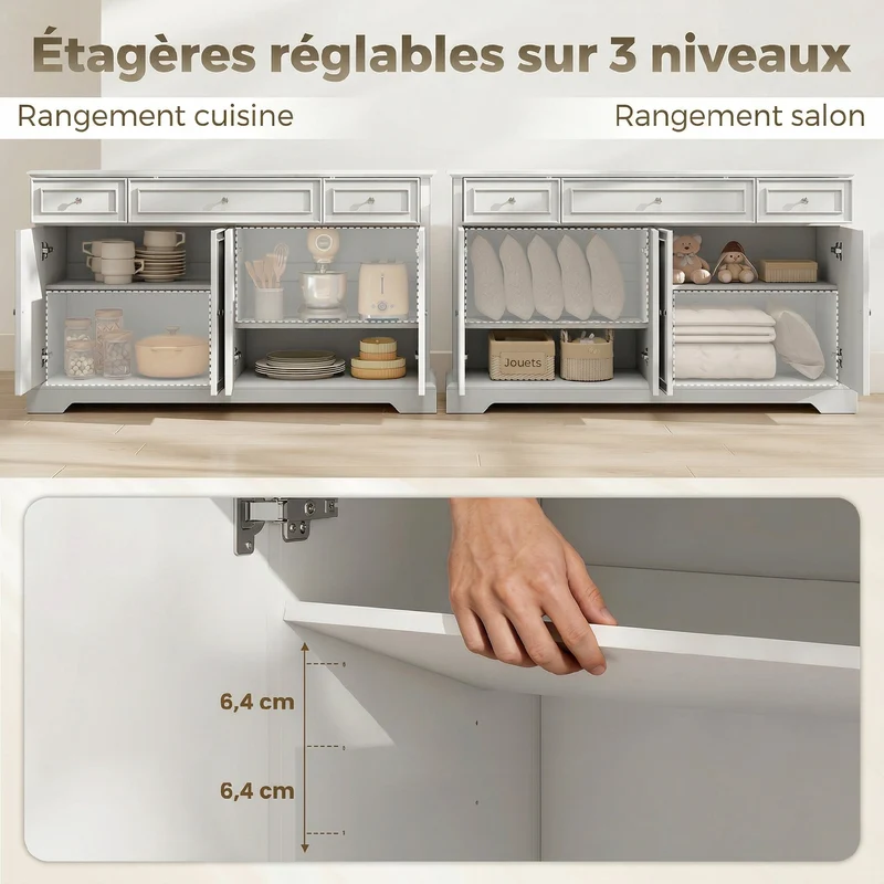 Buffet salon 136 x 38 x 80 cm 3 tiroirs 4 portes fermeture douce étagères réglables contemporain polyvalent en MDF blanc 21_0003666