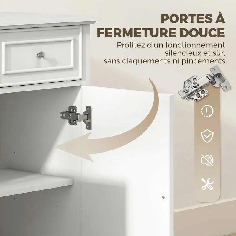 Buffet salon 136 x 38 x 80 cm 3 tiroirs 4 portes fermeture douce étagères réglables contemporain polyvalent en MDF blanc 21_0003666